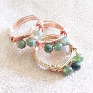 Slim Moss Agate Beaded Handmade Rings - Sturdy Every Day Wear! Copper or Brass!